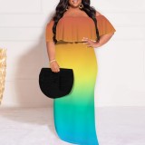 Casual Print Gradient Color Off Shoulder Plus Size Long Dresses