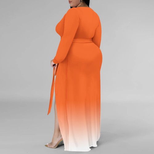Casual Print Gradient Color V Neck Plus Size Long Dresses