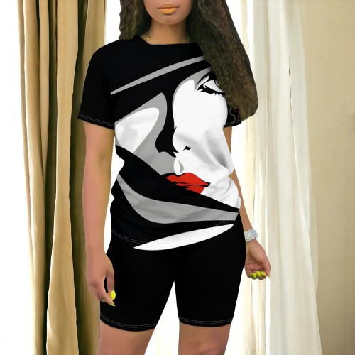 1 Piece Custom Casual Printed O Neck 2 Piece Short Set