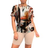 1 Piece Custom Casual Printed O Neck 2 Piece Short Set