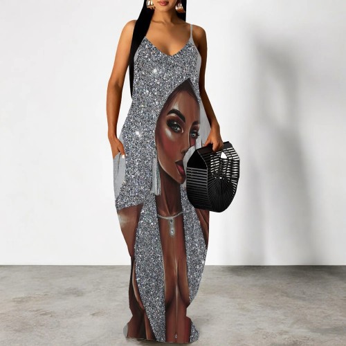 1 Piece Custom Fashion Printed African Avatar Straps Maxi Dress