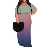 Casual Print Gradient Color Off Shoulder Plus Size Long Dresses