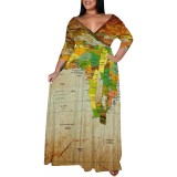 Casual Africa Map Print V Neck Long Plus Size Dresses