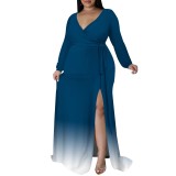 Casual Print Gradient Color V Neck Plus Size Long Dresses
