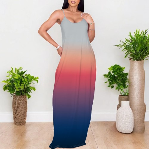 1 Piece Custom Fashion Printed Gradient Color Straps Maxi Dresses