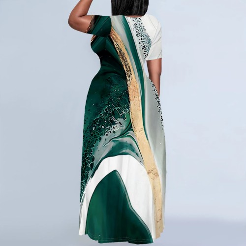 Casual Print Crew Neck Long Plus Size Dresses
