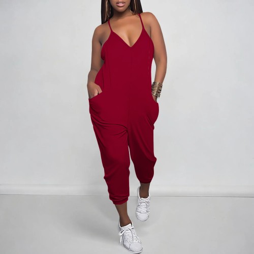 Casual Solid Color Straps V Neck One-Piece Jumpsuits