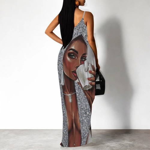 1 Piece Custom Fashion Printed African Avatar Straps Maxi Dress
