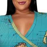 Casual Africa Map Print V Neck Long Plus Size Dresses