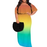 Casual Print Gradient Color Off Shoulder Plus Size Long Dresses