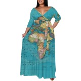 Casual Africa Map Print V Neck Long Plus Size Dresses