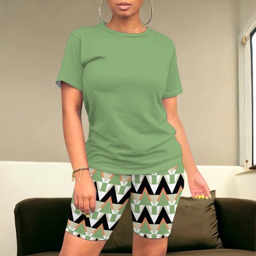 1 Piece Custom Casual Printed O Neck 2 Piece Short Set