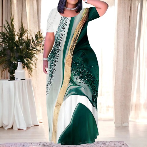 Casual Print Crew Neck Long Plus Size Dresses