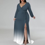Casual Print Gradient Color V Neck Plus Size Long Dresses