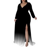 Casual Print Gradient Color V Neck Plus Size Long Dresses