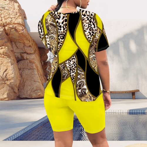 1 Piece Custom Casual Printed O Neck 2 Piece Short Set