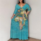 Casual Africa Map Print V Neck Long Plus Size Dresses