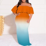 Casual Print Gradient Color Off Shoulder Plus Size Long Dresses