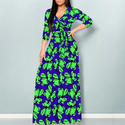 1 Piece Custom Fashion Printed V Neck Maxi Dresses