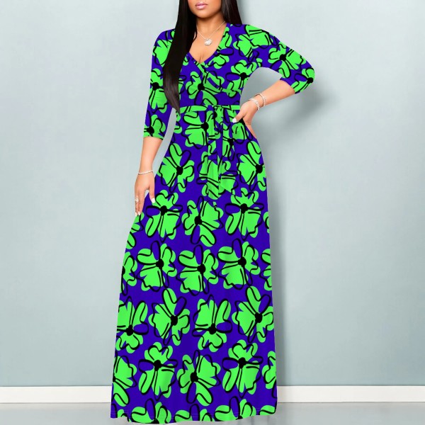 1 Piece Custom Fashion Printed V Neck Maxi Dresses