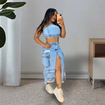 Casual Split Holes Ripped Denim Skirt with Multiple Pockets