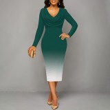 1 Piece Custom Casual Printed Long Sleeve V Neck Gradient Color Maxi Dress