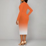 1 Piece Custom Casual Printed Long Sleeve V Neck Gradient Color Maxi Dress