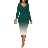1 Piece Custom Casual Printed Long Sleeve V Neck Gradient Color Maxi Dress