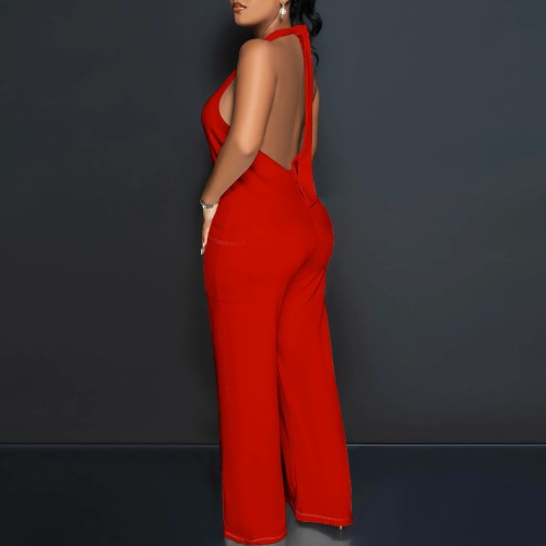 Casual Solid Color Halter Backless One-Piece Jumpsuits