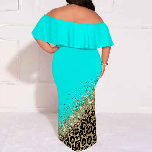 Casual Print Pleated Off Shoulder Plus Size Long Dresses