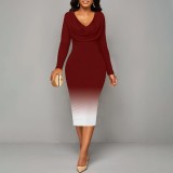 1 Piece Custom Casual Printed Long Sleeve V Neck Gradient Color Maxi Dress