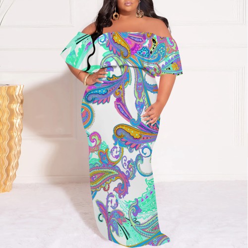 1 Piece Custom Casual Print Off Shoulder Plus Size Maxi Dress