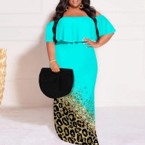 Casual Print Pleated Off Shoulder Plus Size Long Dresses