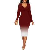 1 Piece Custom Casual Printed Long Sleeve V Neck Gradient Color Maxi Dress