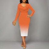 1 Piece Custom Casual Printed Long Sleeve V Neck Gradient Color Maxi Dress