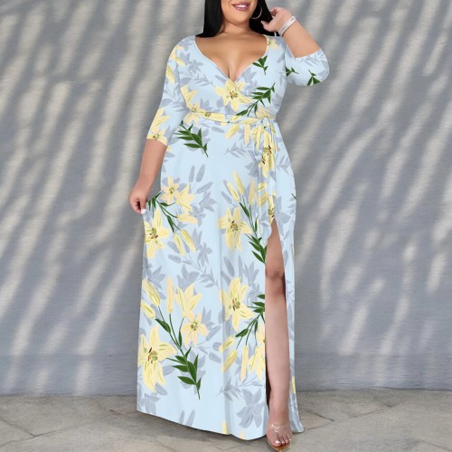 1 Piece Custom Casual Print V Neck Plus Size Maxi Dress