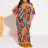 1 Piece Custom Casual Print Off Shoulder Plus Size Maxi Dress
