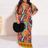 1 Piece Custom Casual Print Off Shoulder Plus Size Maxi Dress