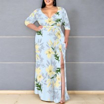 1 Piece Custom Casual Print V Neck Plus Size Maxi Dress