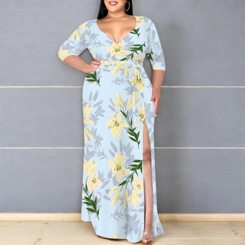 1 Piece Custom Casual Print V Neck Plus Size Maxi Dress