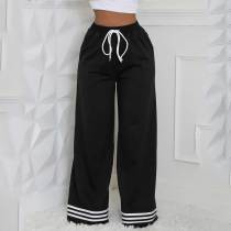 Loose Striped Contrast Wide Leg Trousers With  Pocket