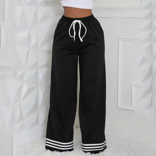 Loose Striped Contrast Wide Leg Trousers With  Pocket