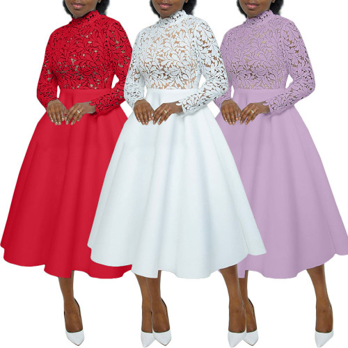 Elegant Lace Paneled A-line Swing Dress