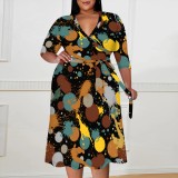 1 Piece Custom Casual Print V Neck Plus Size Midi Dresses