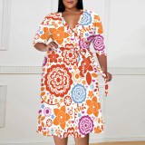 1 Piece Custom Casual Print V Neck Plus Size Midi Dresses