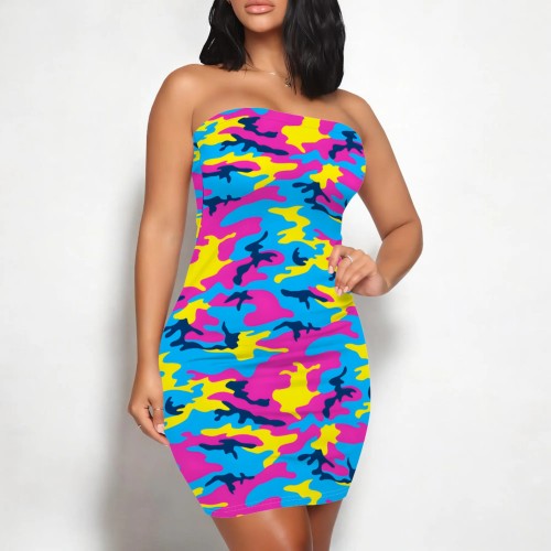 1 Piece Custom Casual Print Camouflage Strapless Bodycon Dress