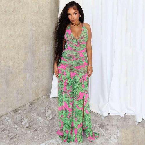 V Neck Sexy Straps Print Pleated Slit Long Dresses