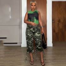 Summer Camou Drawstring Overalls Straight High Waist Cropped Pants