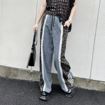 Casual Trousers Leopard Print Wide Leg Pants Splicing High Waist Jeans