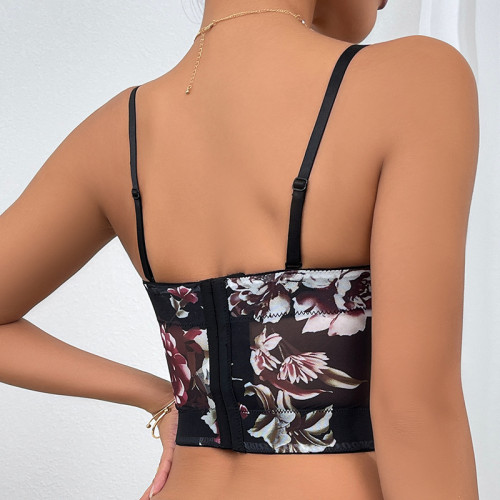 Floral Print Trim Bustier Bra Corset Crop Cami Top
